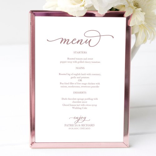 Elegant Rose Gold Script Wedding Menu Sign