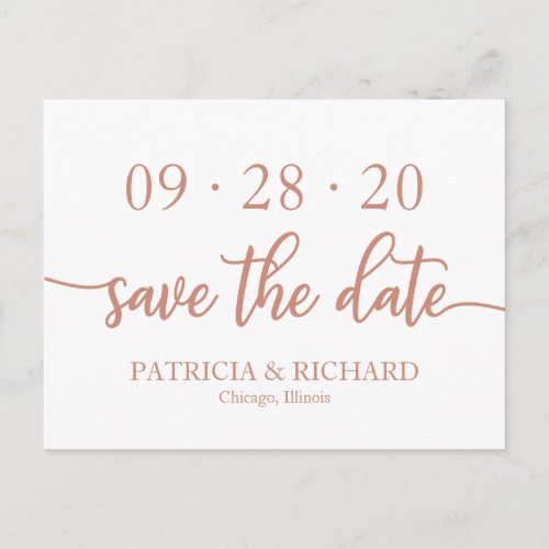 Elegant Rose Gold Script Wedding Save The Date Postcard