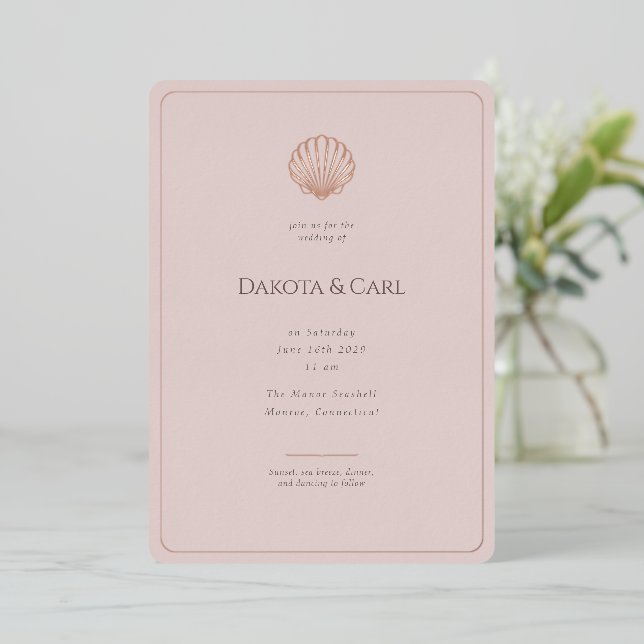 Elegant Rose Gold Seashell Wedding Foil Invitation (Standing Front)