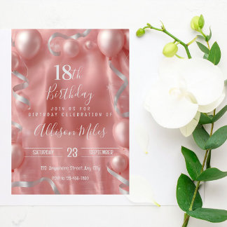 Elegant Rose Gold & Silver Balloon 18th Birthday Invitation