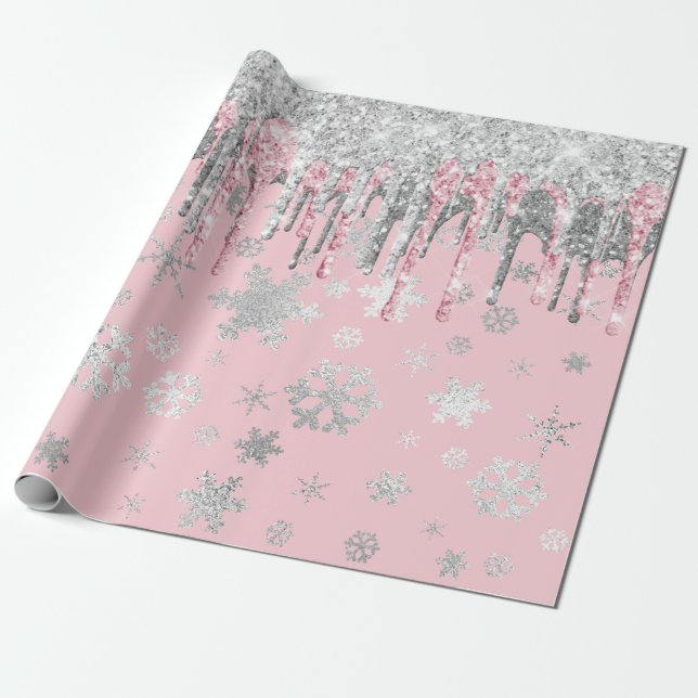 Elegant Rose Gold Silver Christmas Snowflakes  Wrapping Paper (Unrolled)