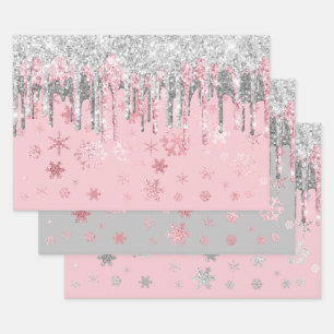 Elegant Rose Gold Silver Christmas Snowflakes Wrapping Paper Sheets