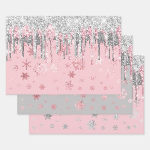 Elegant Rose Gold Silver Christmas Snowflakes  Wrapping Paper Sheets