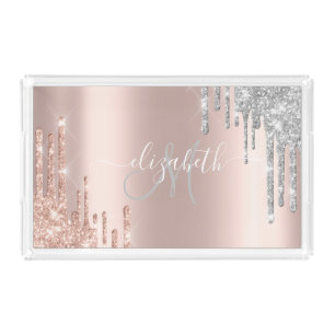 Elegant Rose Gold,Silver Glitter Drips Monogram  Acrylic Tray