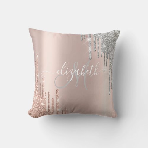 Elegant Rose GoldSilver Glitter Drips Monogram Throw Pillow
