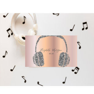 Elegant Rose Gold Silver Glitter Headphone DJ Business Card