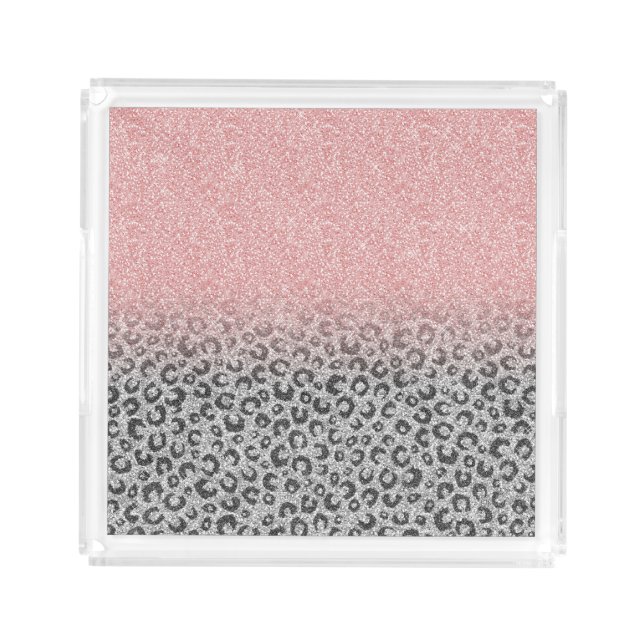  Elegant Rose Gold Silver Glitter Leopard Print Acrylic Tray (Front)