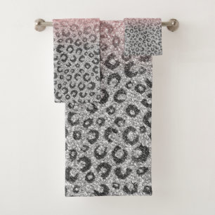 Elegant Rose Gold Silver Glitter Leopard Print Bath Towel Set