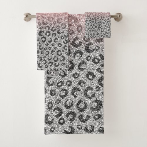  Elegant Rose Gold Silver Glitter Leopard Print Bath Towel Set