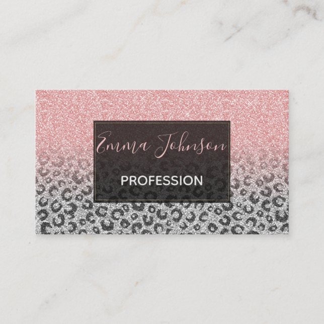  Elegant Rose Gold Silver Glitter Leopard Print Business Card (Front)