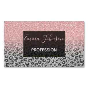 Elegant Rose Gold Silver Glitter Leopard Print Business Card Magnet