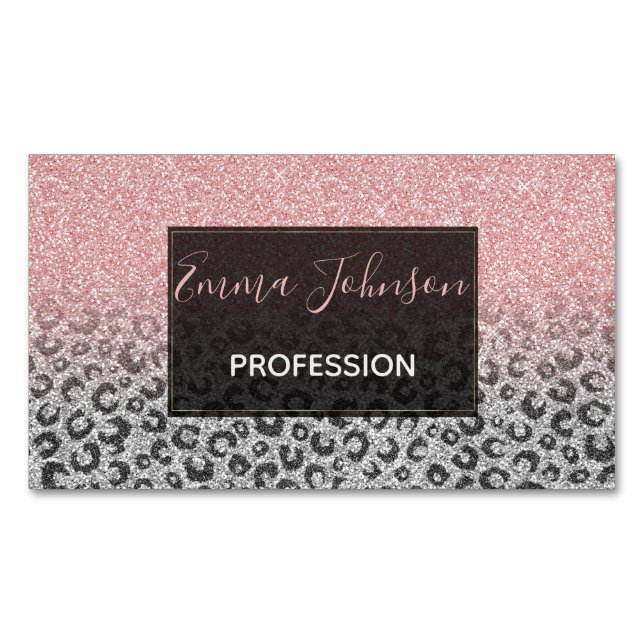  Elegant Rose Gold Silver Glitter Leopard Print Business Card Magnet (Front)