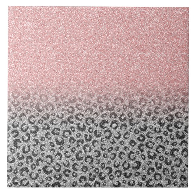  Elegant Rose Gold Silver Glitter Leopard Print Ceramic Tile (Front)