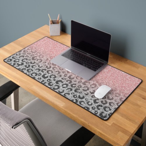  Elegant Rose Gold Silver Glitter Leopard Print Desk Mat