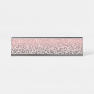 Elegant Rose Gold Silver Glitter Leopard Print Desk Name Plate