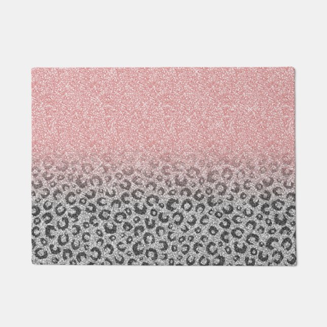  Elegant Rose Gold Silver Glitter Leopard Print Doormat (Front)