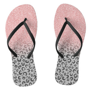 Elegant Rose Gold Silver Glitter Leopard Print Flip Flops