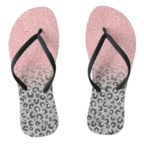  Elegant Rose Gold Silver Glitter Leopard Print Flip Flops