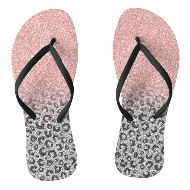  Elegant Rose Gold Silver Glitter Leopard Print Flip Flops (Footbed)
