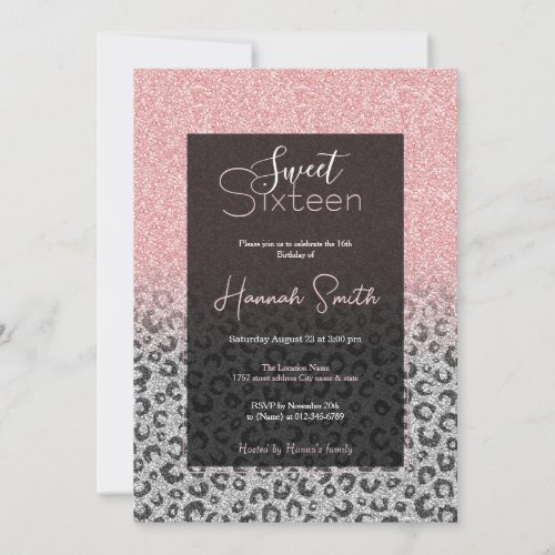 Elegant Rose Gold Silver Glitter Leopard Print Invitation