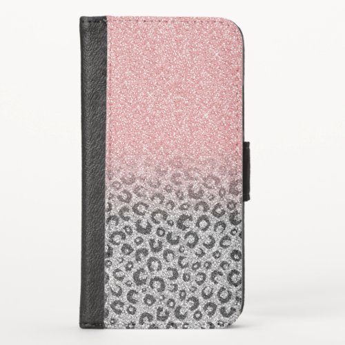  Elegant Rose Gold Silver Glitter Leopard Print iPhone XS Wallet Case