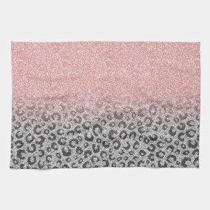 Elegant Rose Gold Silver Glitter Leopard Print Kitchen Towel