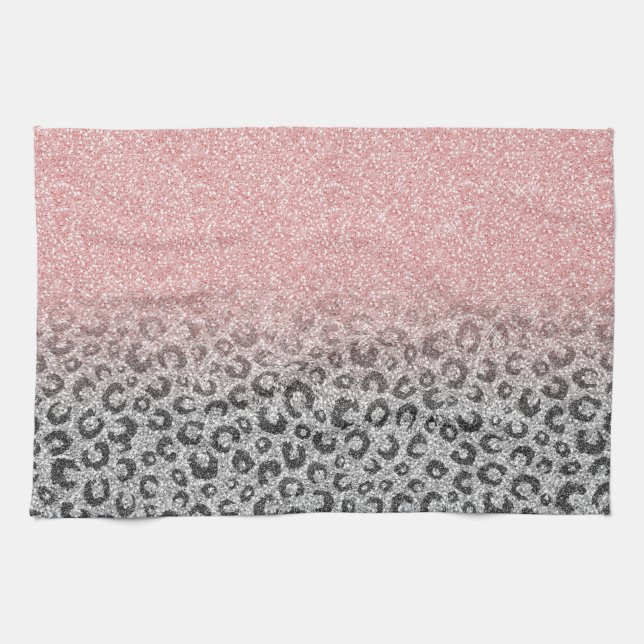  Elegant Rose Gold Silver Glitter Leopard Print Kitchen Towel (Horizontal)