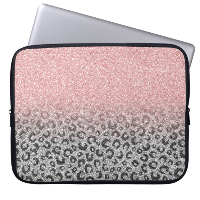  Elegant Rose Gold Silver Glitter Leopard Print Laptop Sleeve (Front)