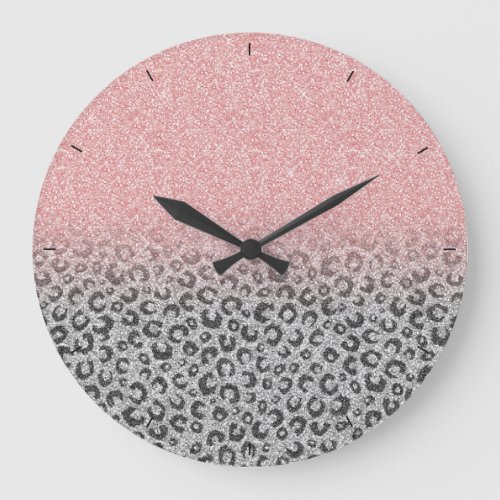  Elegant Rose Gold Silver Glitter Leopard Print Large Clock