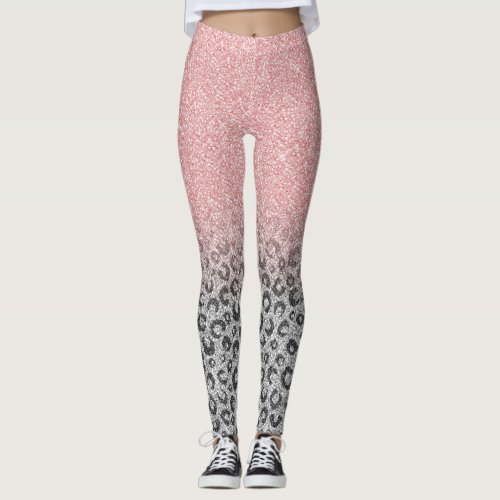  Elegant Rose Gold Silver Glitter Leopard Print Leggings