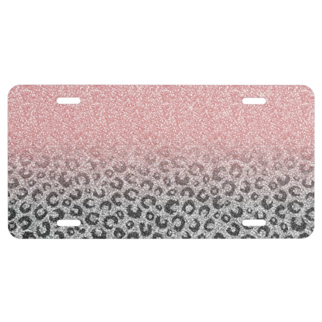  Elegant Rose Gold Silver Glitter Leopard Print License Plate (Front)