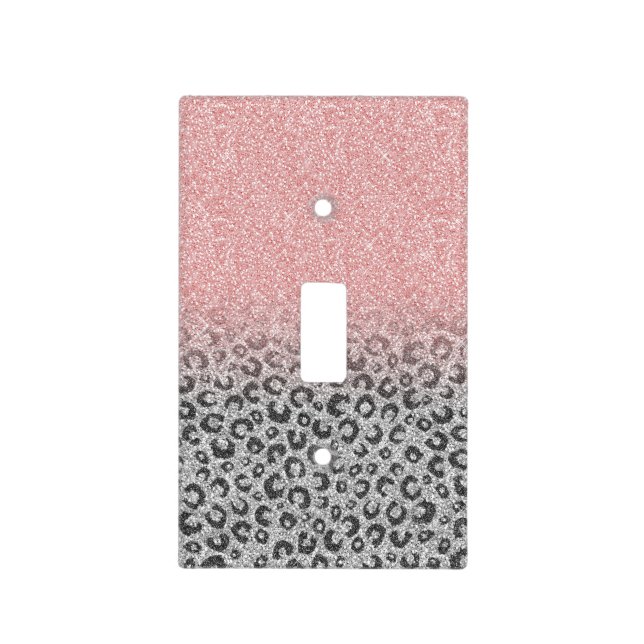  Elegant Rose Gold Silver Glitter Leopard Print Light Switch Cover (Front)