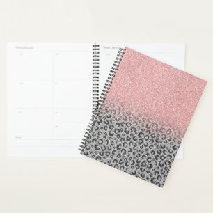 Elegant Rose Gold Silver Glitter Leopard Print Planner