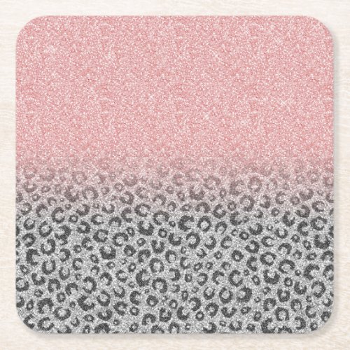  Elegant Rose Gold Silver Glitter Leopard Print Square Paper Coaster