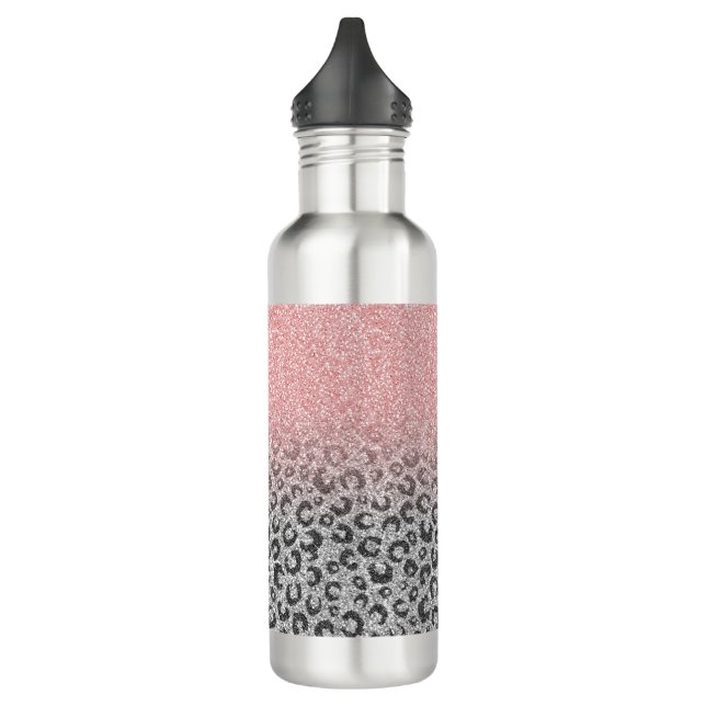  Elegant Rose Gold Silver Glitter Leopard Print Stainless Steel Water Bottle (Left)