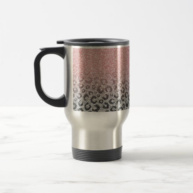  Elegant Rose Gold Silver Glitter Leopard Print Travel Mug (Left)