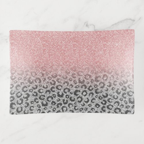  Elegant Rose Gold Silver Glitter Leopard Print Trinket Tray