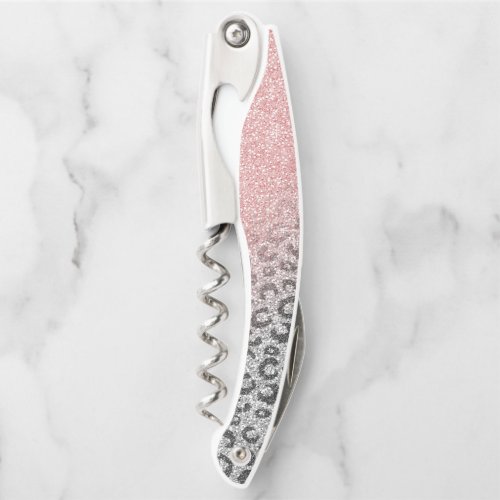  Elegant Rose Gold Silver Glitter Leopard Print Waiters Corkscrew