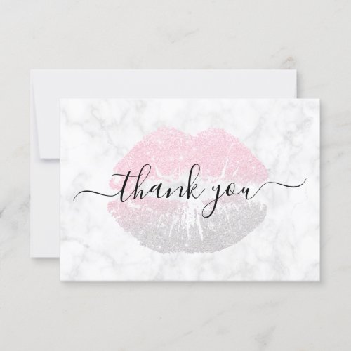 Elegant rose gold silver glitter lips white marble thank you card