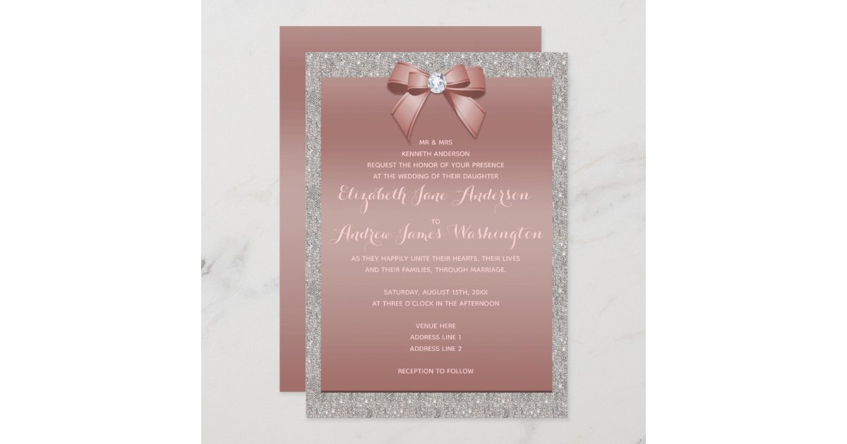 Glitter Rose Gold Wedding Invitation with Elegant Ribbon