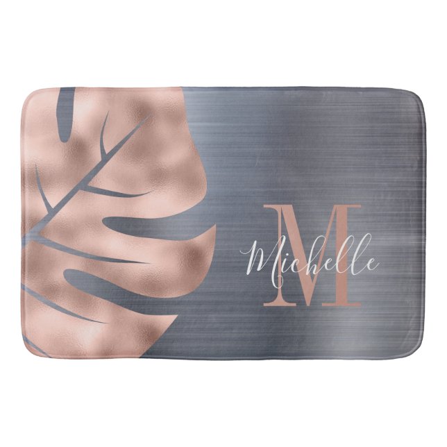 Elegant Rose Gold Silver Gray Monogram Bath Mat (Front)
