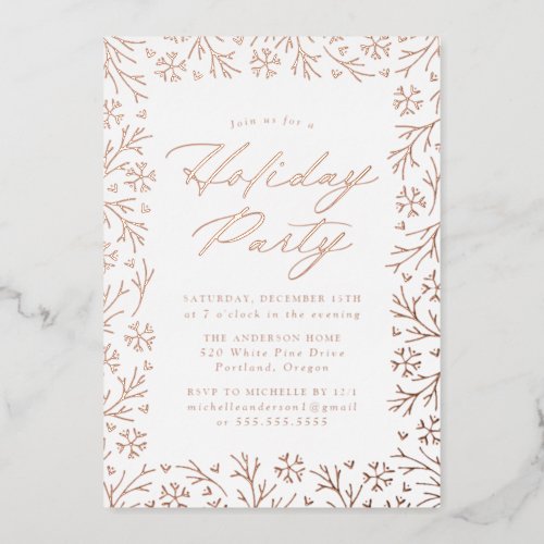 Elegant Rose Gold Snowflake Holiday Party Foil Invitation