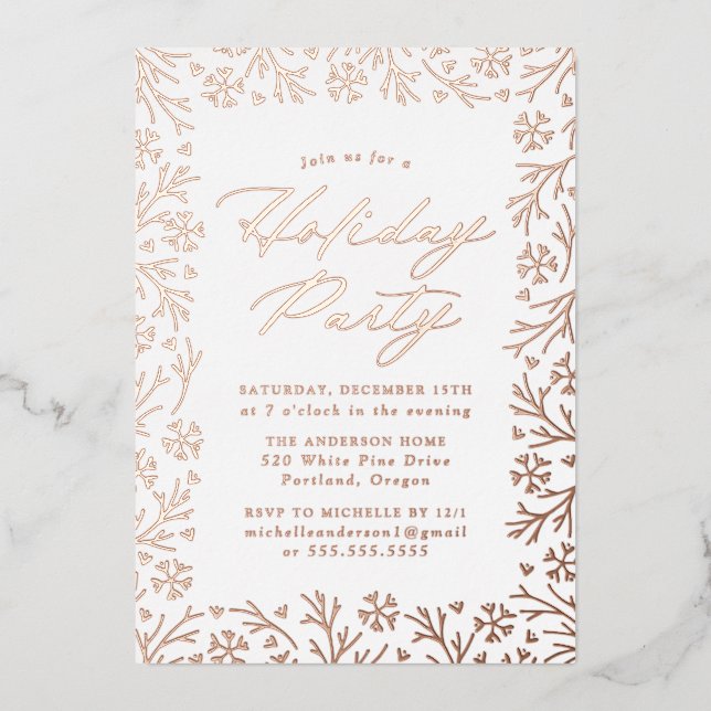 Elegant Rose Gold Snowflake Holiday Party Foil Invitation (Front)