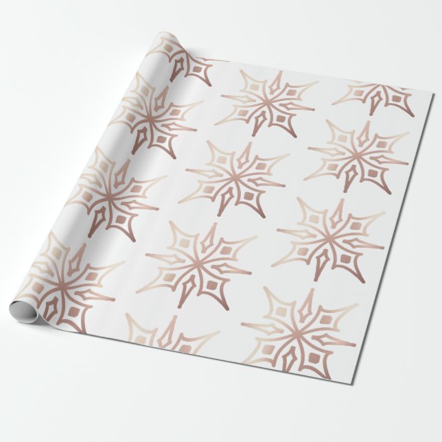 Elegant Rose Gold Snowflake White Xmas Gift  Wrapping Paper (Unrolled)