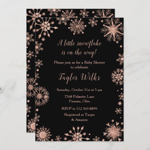 Elegant Rose Gold Snowflakes Baby Shower Invitation