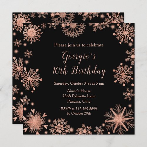 Elegant Rose Gold Snowflakes Birthday Invitation