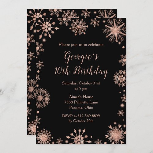 Elegant Rose Gold Snowflakes Birthday Invitation