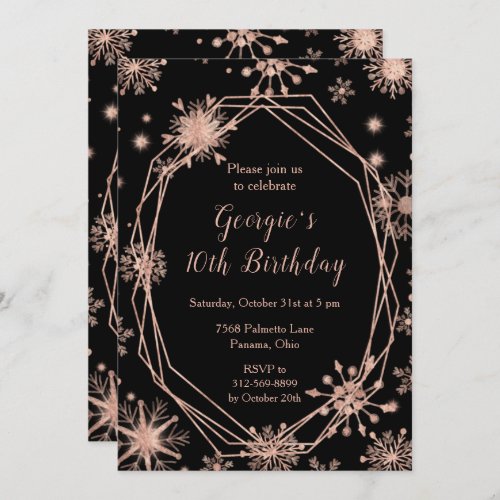 Elegant Rose Gold Snowflakes Birthday Invitation