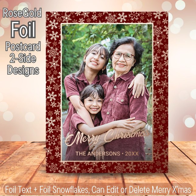 Elegant Rose Gold Snowflakes Photo Frame Burgundy Foil Holiday Postcard (Creator Uploaded)