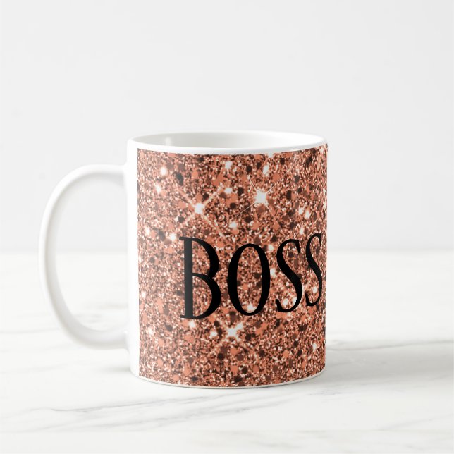 Elegant Rose Gold Sparkle Glitter Boss Babe Black Coffee Mug (Left)